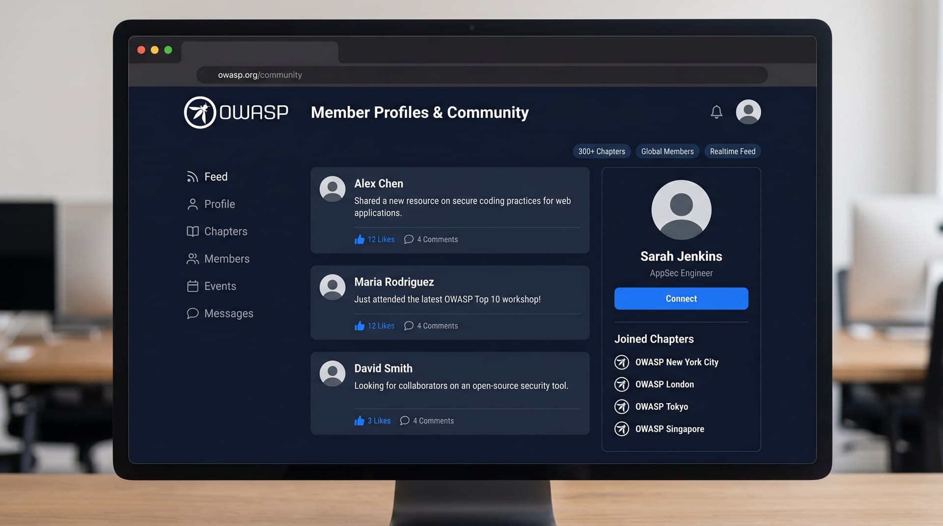 OWASP community platform showing member profiles, activity feed, and joined chapters — a social network for application security