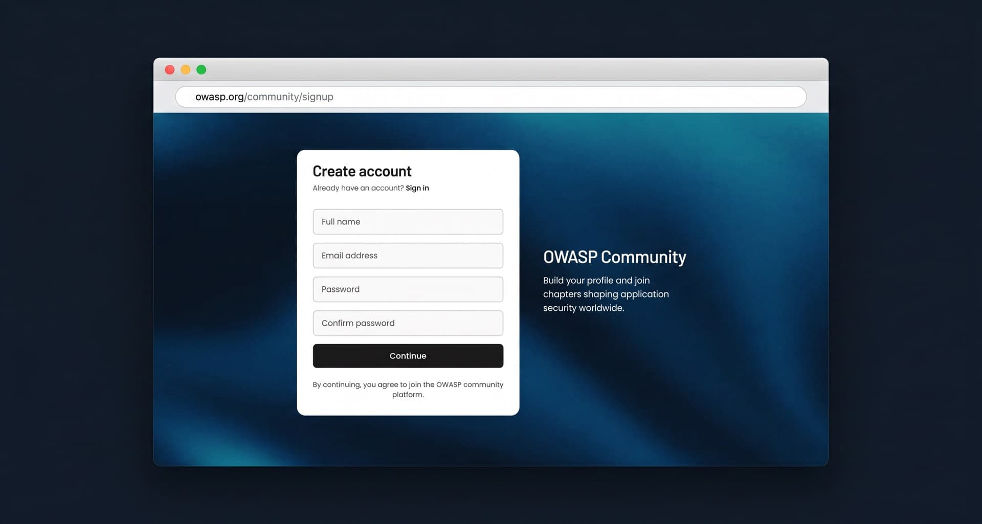 OWASP Community create-account and onboarding screen