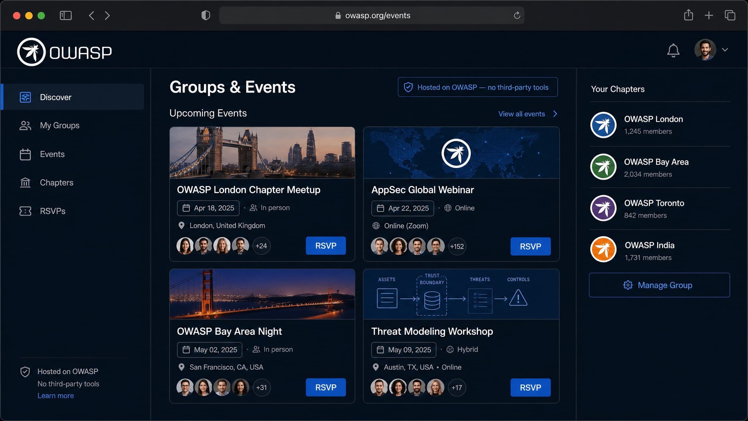 OWASP internal Groups & Events platform with event cards, RSVPs, and chapter management — replacing Meetup